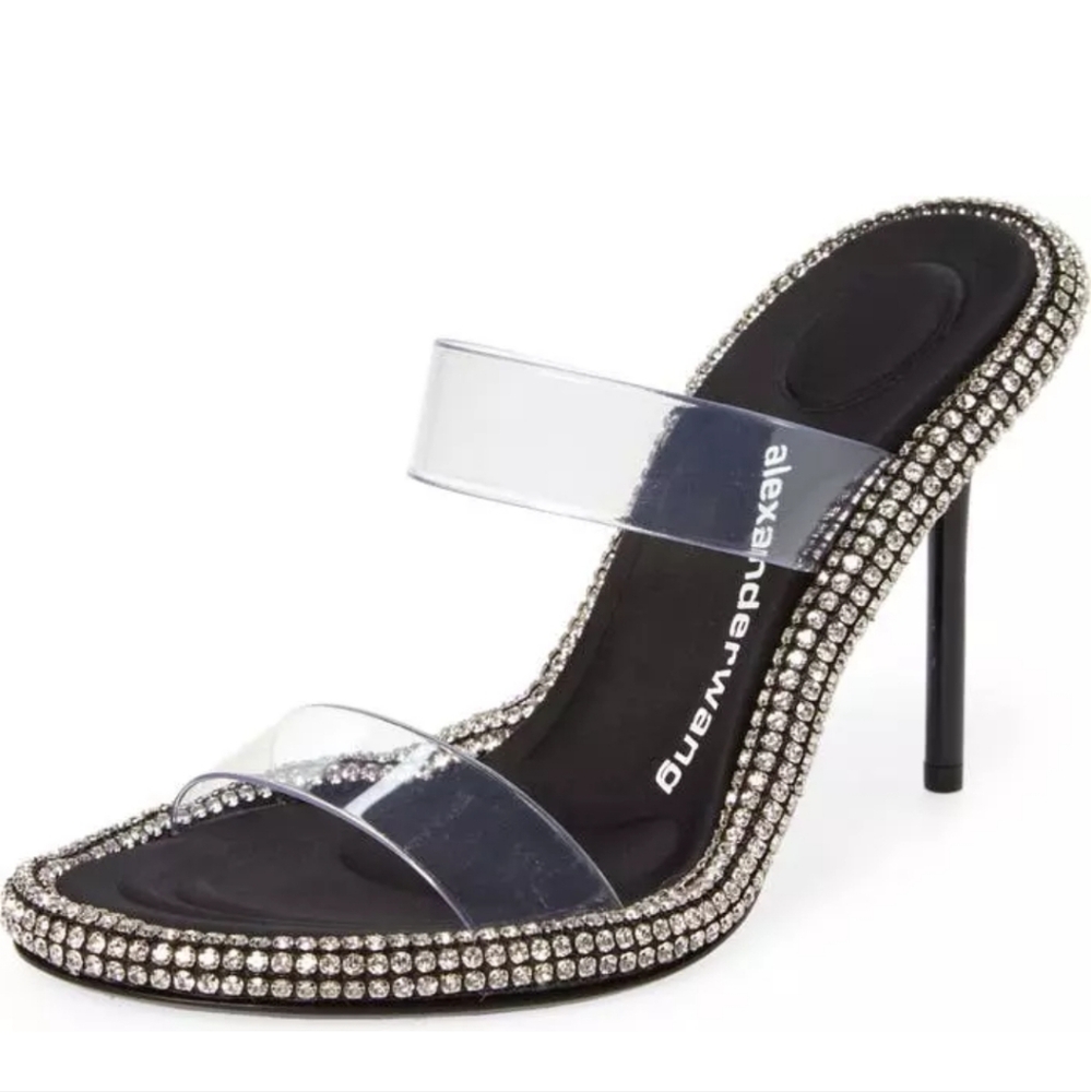 Alexander Wang Crystal Embellished Heeled Sandals Size 37/7 Black Clear Strap